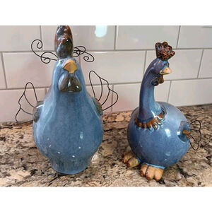 2x Long Neck Rooster Chicken Figurines Farmhouse Primitive Country Blue Glazed